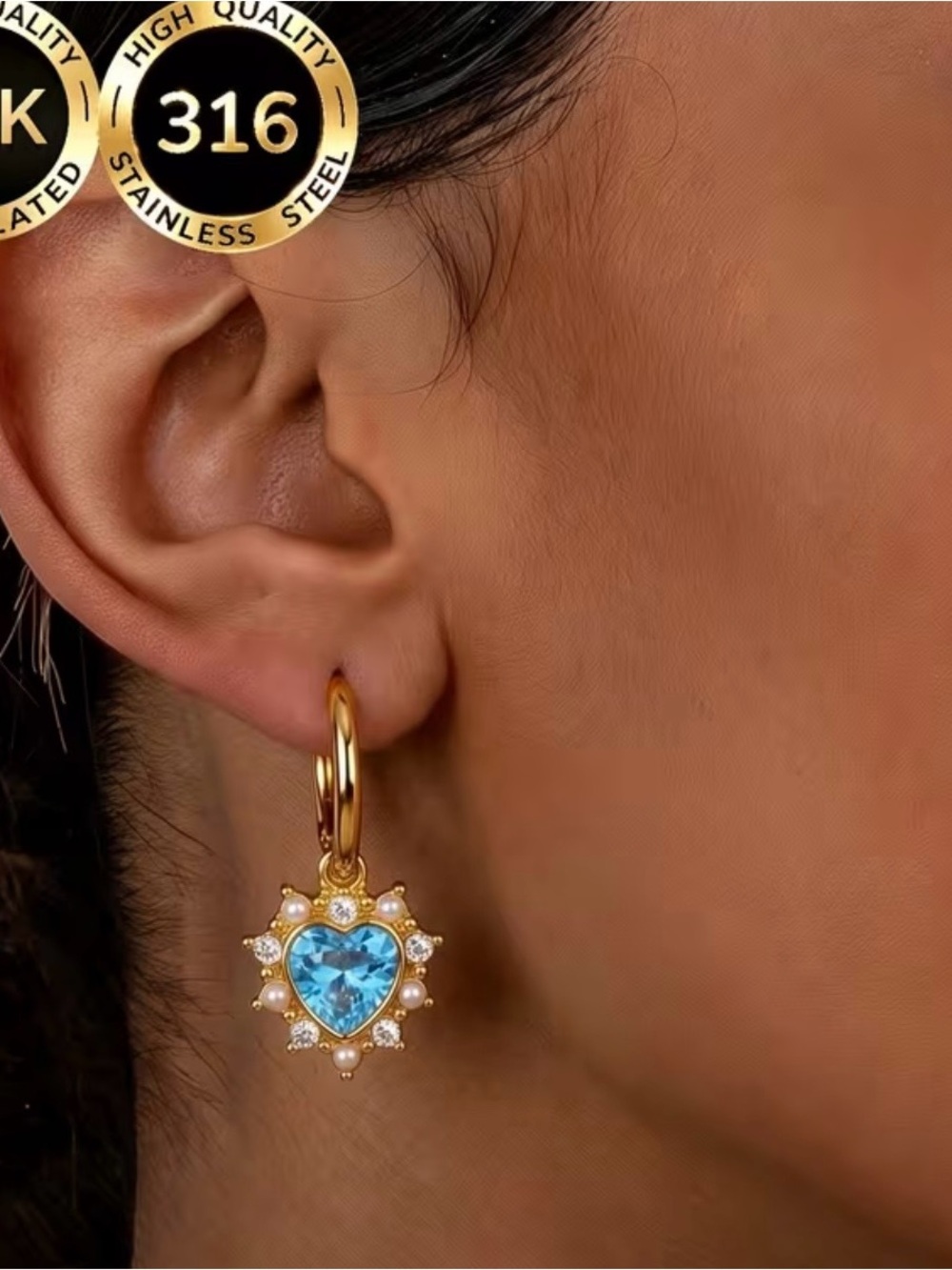 Gold Hoop Earrings with Blue Heart Gemstones and Pearl Accents